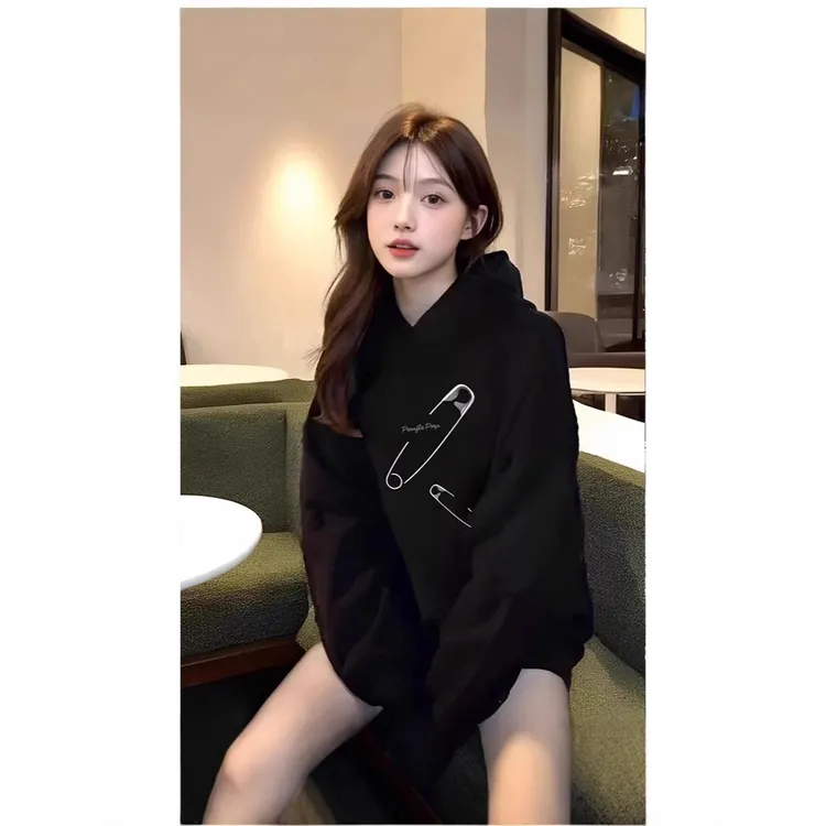 欧货黑色连帽加绒加厚卫衣女2025年新款爆款慵懒风宽松中长款春秋