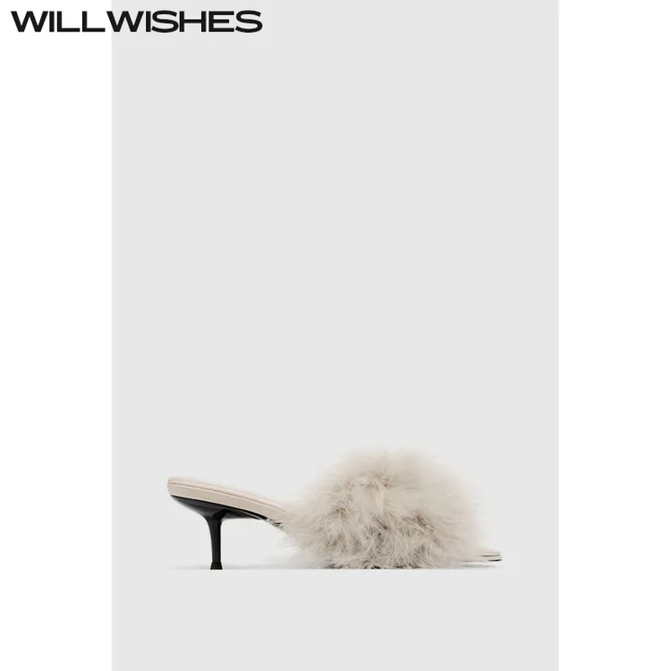 WILLWISHES/王玎女鞋2025春夏新款网红高跟毛拖外穿气质细跟凉鞋