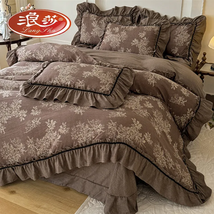 LangSha/浪莎A类复古高端提花水洗亚麻床上三四件套床单花边被套