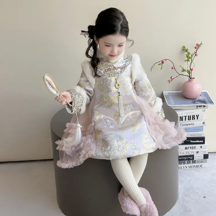 【夹棉】女童旗袍裙冬装新款儿童新中式唐装拜年服新年裙子CM25817