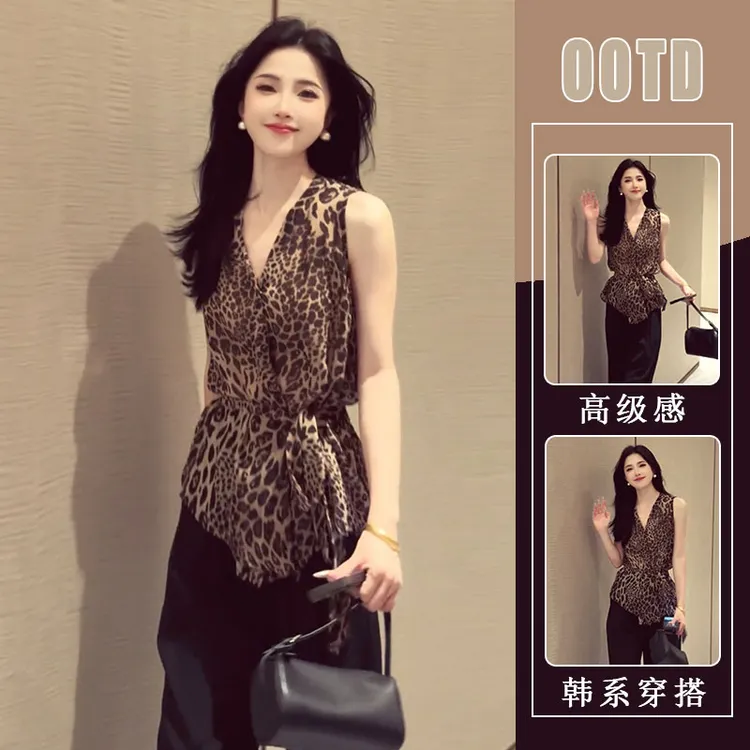 轻熟风高级感穿搭2025夏季款时尚豹纹v领绑带衬衫休闲阔腿裤套装