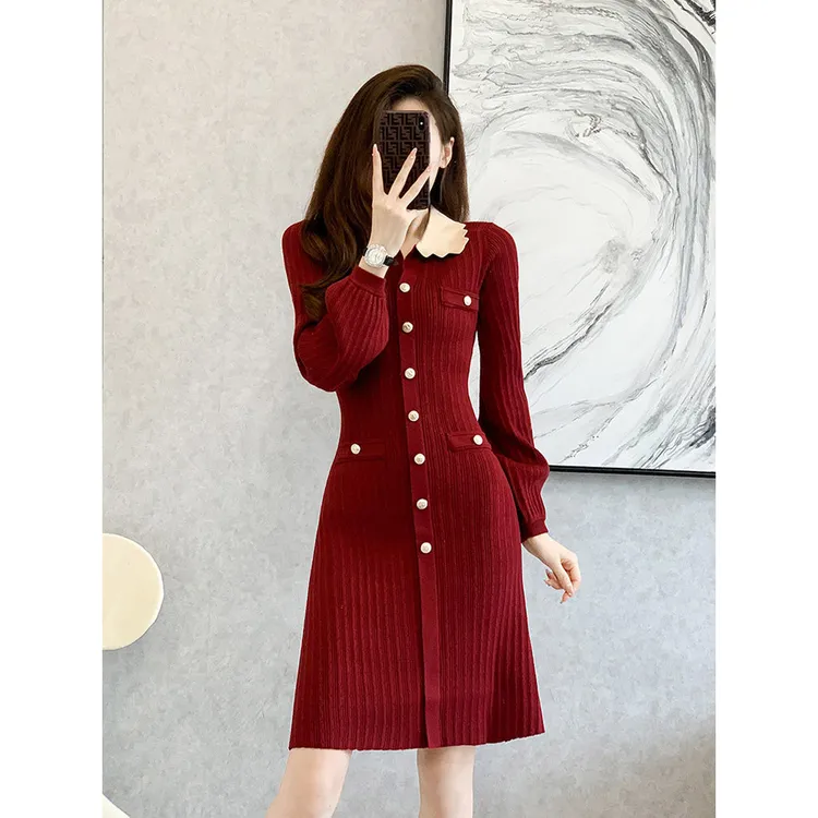 法式小香风红色针织连衣裙女秋冬2026新款高级感气质长袖内搭裙子