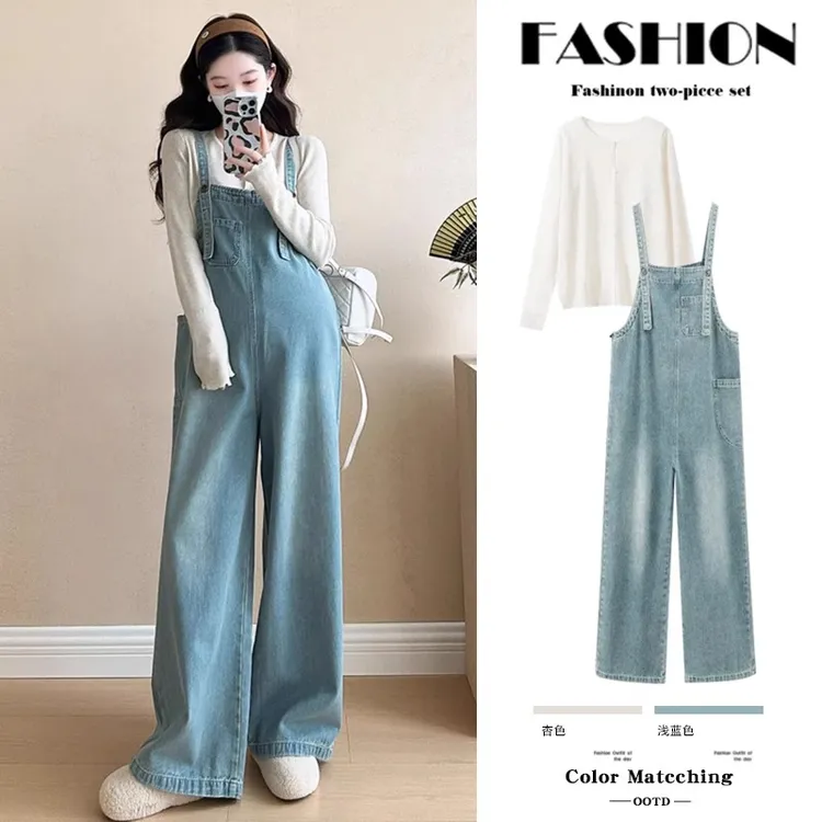 孕妇装春秋套装2025新款牛仔背带裤春季时尚洋气时髦孕妈穿搭高级