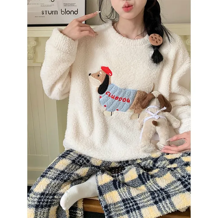 秋冬季新款半边绒睡衣女套装甜美可爱保暖加绒法兰绒珊瑚绒家居服