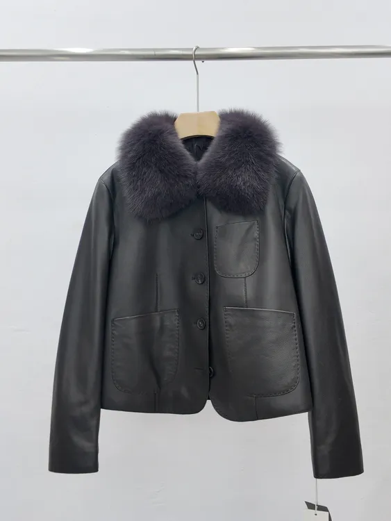 革调80298海宁真皮女士气质女装短款秋冬冬季皮衣毛领方领百搭