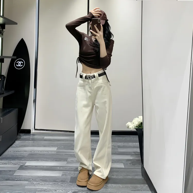 直筒牛仔新款高腰显瘦阔腿裤设计感小众垂感白色宽松百搭加绒长裤
