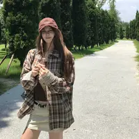 【dd】纽约留学生-格纹撞色松弛衬衣女时髦衬衫  