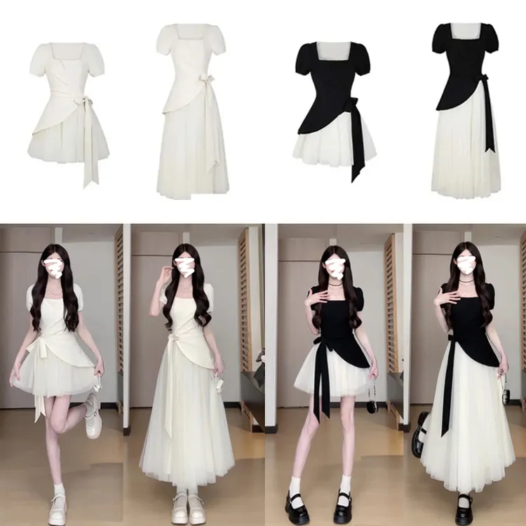 松本丧丧夏季撞色褶皱收腰设计感气质连衣裙