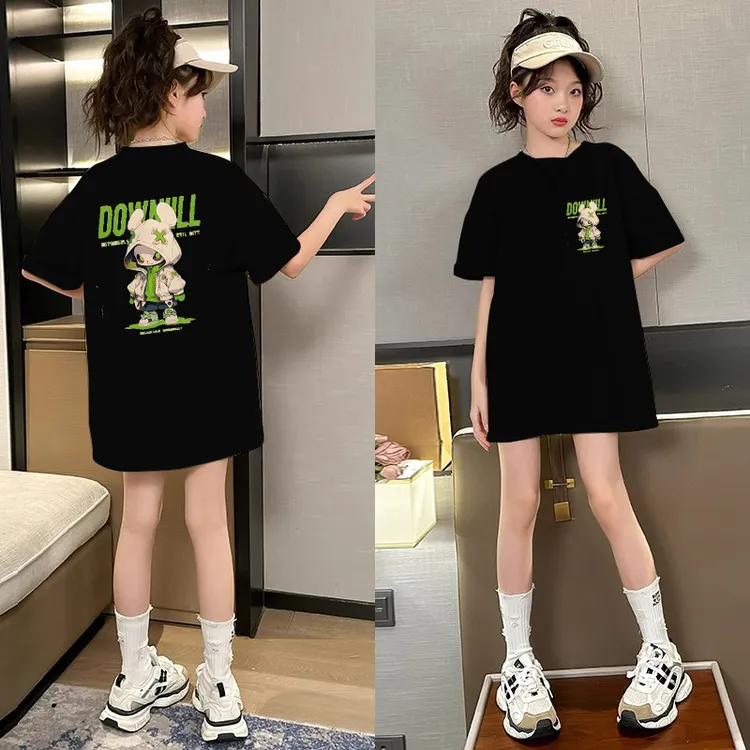 夏季女童纯棉中长款短袖女孩夏装潮流卡通半袖中大童休闲童装T恤