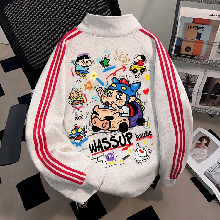 WASSUP HSUBE蜡笔小新趣味休闲开衫立领卫衣重磅美式棒球外套上衣