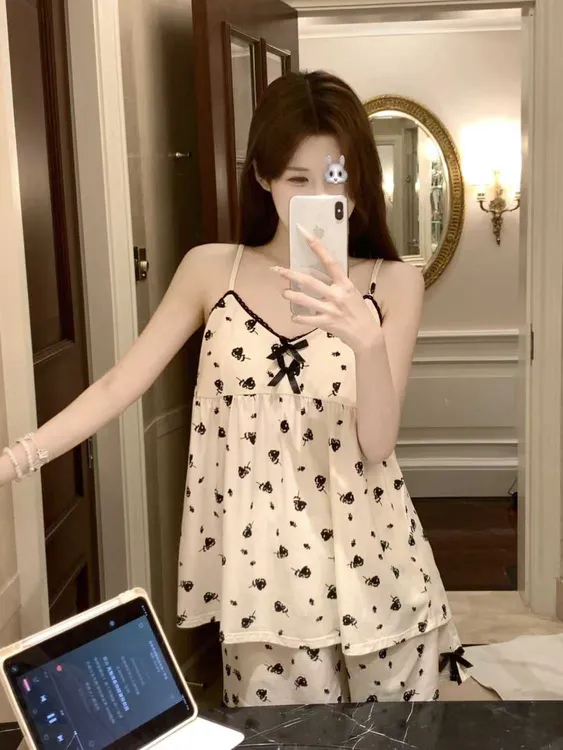 吊带睡衣女两件套带胸垫甜美短袖印花家居服黑玫瑰两件套可外穿
