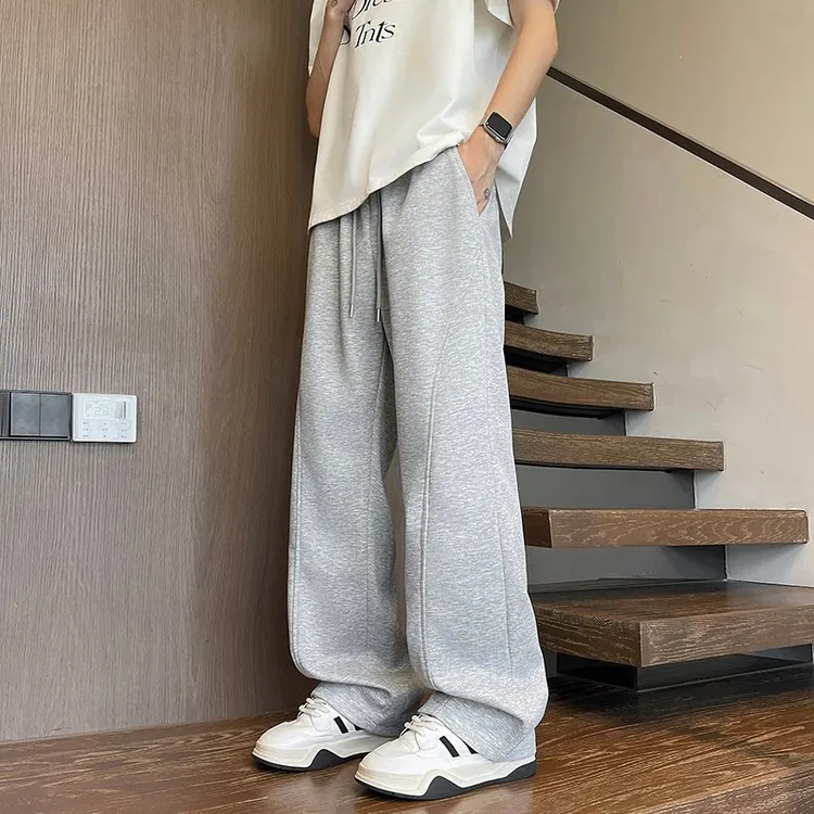夏季新品美式弯刀微喇灰色卫裤男裤子直筒百搭垂感轻薄男款休闲裤