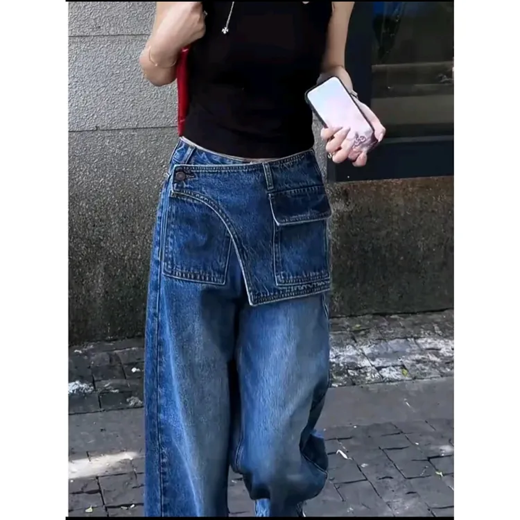 早秋款假两件复古擦色工艺直筒牛仔长裤高腰时尚百搭直筒裤子女