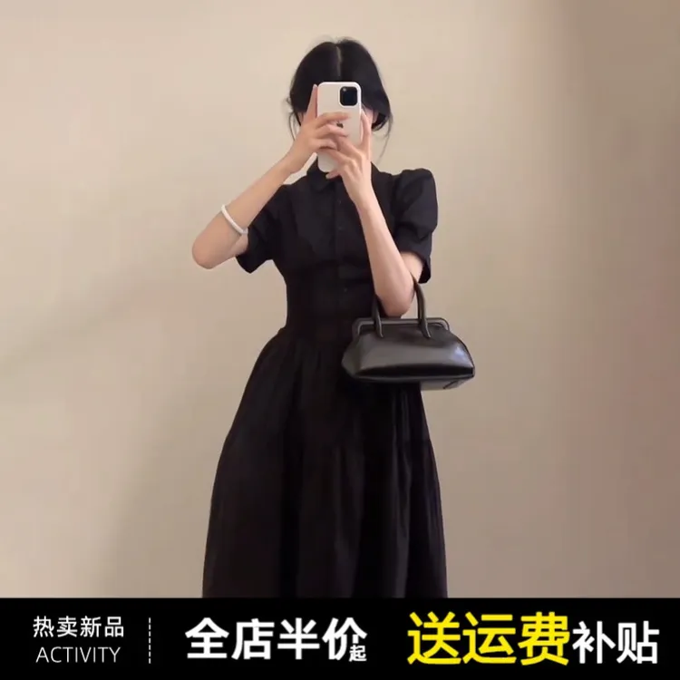 法式POLO领衬衫黑色连衣裙子女夏季2025年新款高级感气质收腰长裙