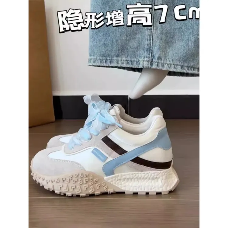 真皮~内增高7cm阿甘鞋女2025新款小个子厚底休闲鞋丝带拼色德训鞋