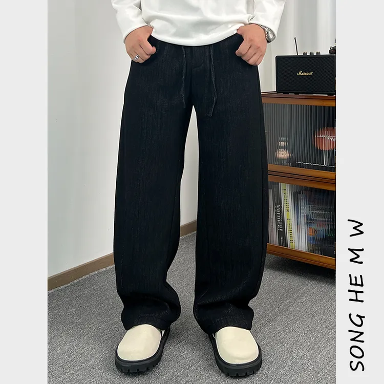 「醋酸绵羊毛」冬季加绒加厚款休闲裤宽松直筒裤男纯色百搭款长裤