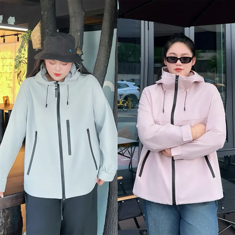 大码女装秋季花契200斤胖mm软壳款港风连帽冲锋衣登山服13862-F