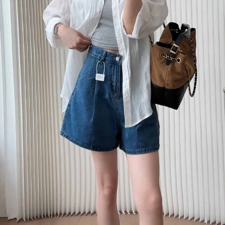 【铭洋】夏季高腰阔腿牛仔短裤女宽松显瘦遮胯休闲百搭复古蓝a字裤