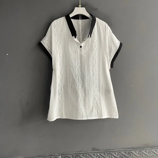 夏季韩系法式文艺范翻领撞色宽松轻薄透气套头衬衫上衣