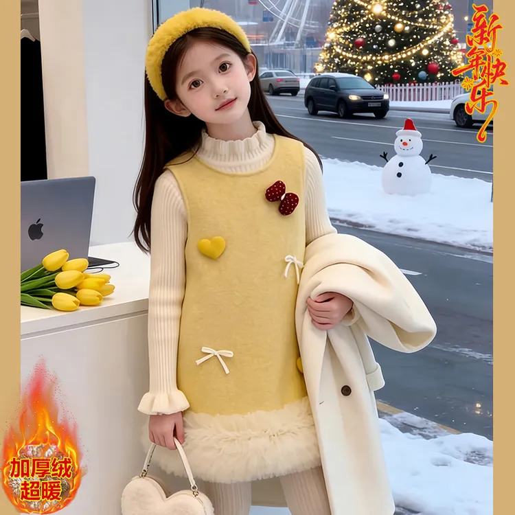 女童小香风毛衣呢子连衣裙套装2025新款冬装加厚大花边洋气背心裙