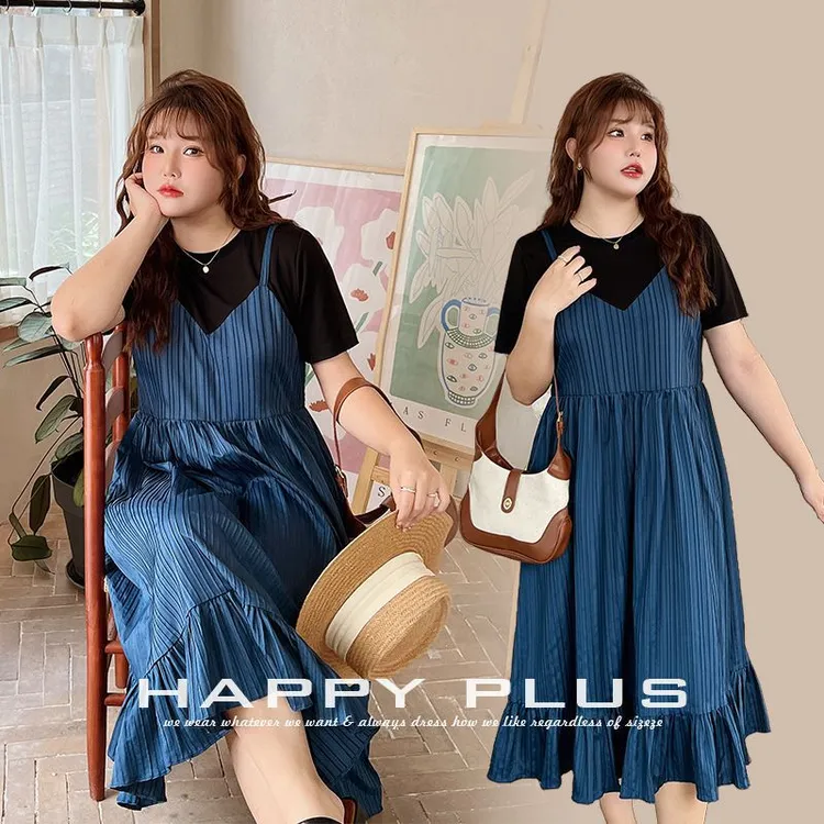 蓝色假两件荷叶边A字连衣裙大码假两件法式中长款连衣裙