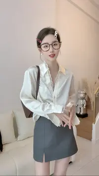【小乔定制】时尚减龄V领蕾丝花边100醋酸长袖衬衫