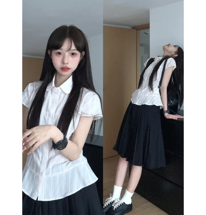 学院风粉色polo领短袖衬衫女2025夏季收腰显瘦洋气减龄半身裙套装