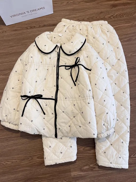 【DMXJ大梦想家】韩系少女蝴蝶结夹棉睡衣女冬款菱格保暖家居服套装