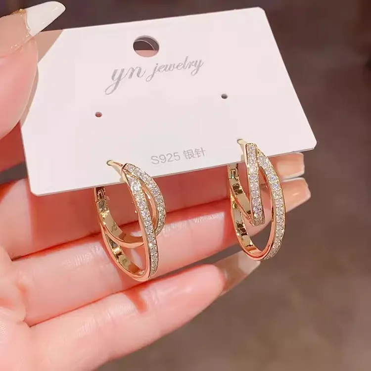 铜合金耳饰 2025新款微镶锆石双圈耳环女简约时尚气质耳扣女耳饰