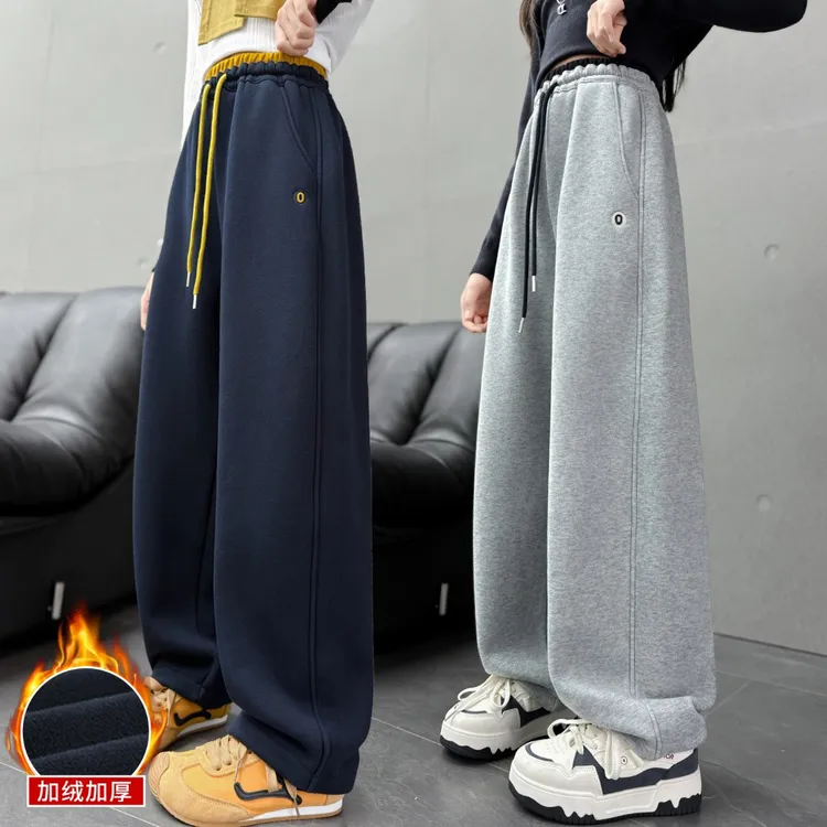 女童加绒裤子秋冬新款女大童加厚卫裤冬季初中生一体绒保暖运动裤