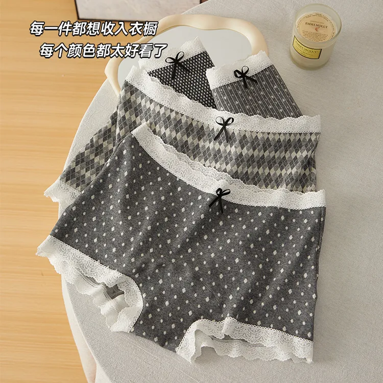 【miu里miu气】平角内裤中腰抑菌女三角内裤舒适复古风内裤蕾丝  