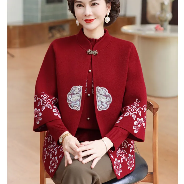 25新中式妈妈秋装针织衫两件套装中年女秋冬国风毛衣时尚开衫外套