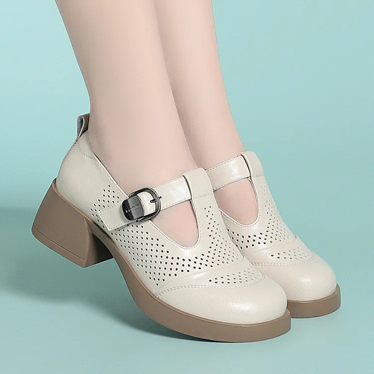 【镂空打孔版】全牛皮厚款皮鞋透气玛丽珍单鞋跟鞋软底粗跟高跟防滑
