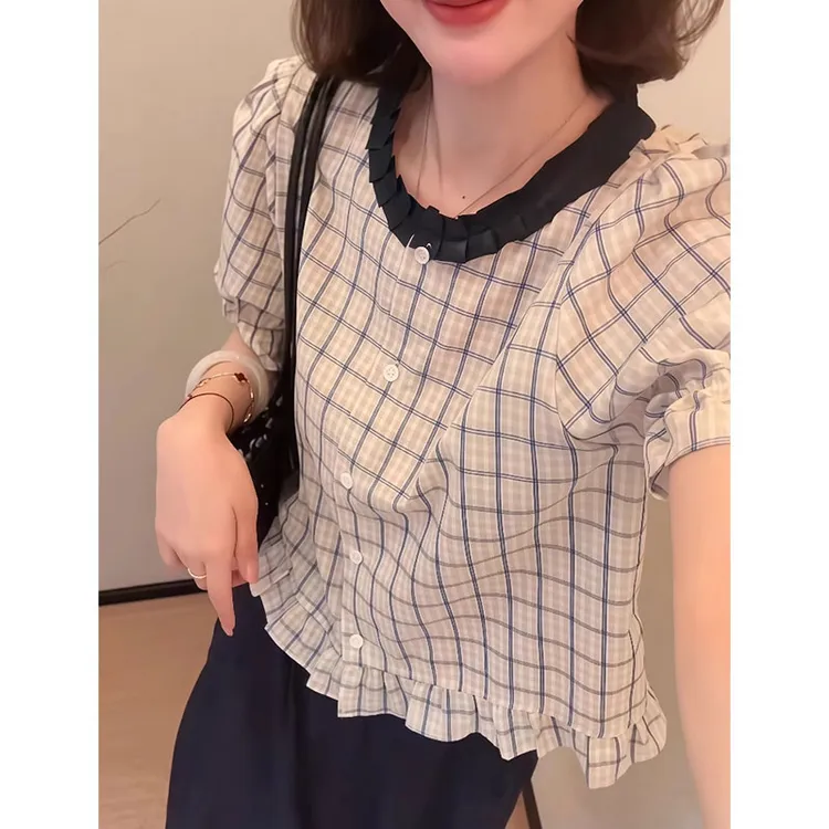 M~4XL法式气质木耳花边格子短袖衬衫女胖MM遮肉上衣独特漂亮小衫