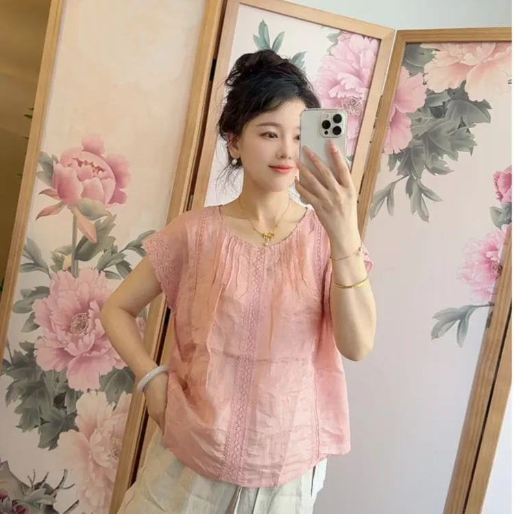 82596 国风中式圆领纯色苎麻上衣女2025夏季新款时尚百搭女士小衫