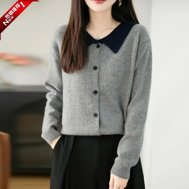 品牌时尚女装翻领宽松气质针织上衣减龄娃娃领撞色显瘦上衣优雅