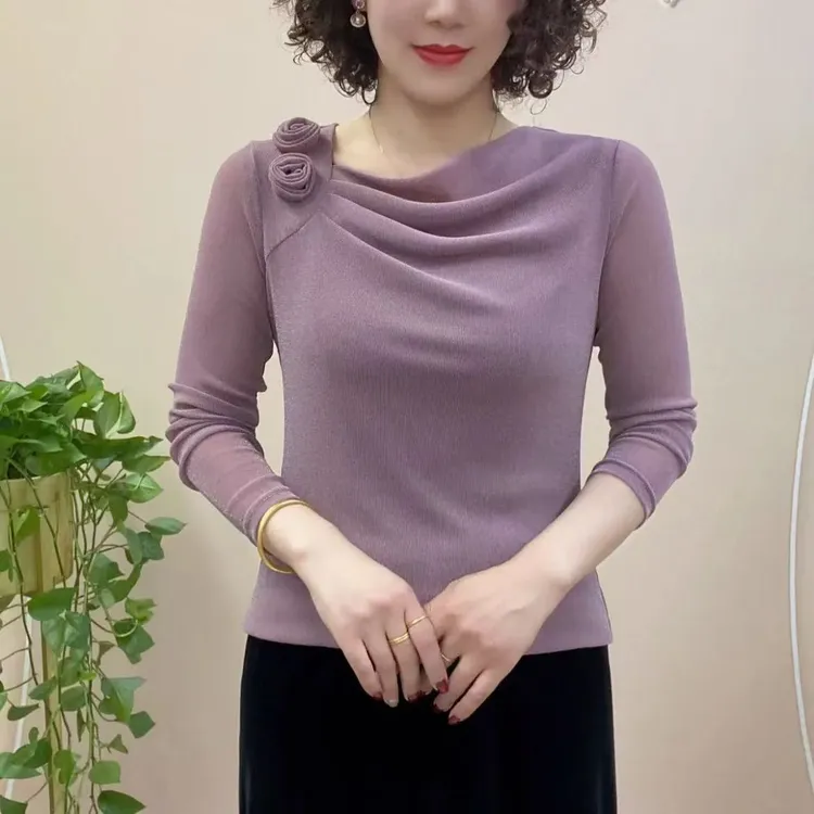 2025春季新款时尚显瘦长袖纯色弹力两朵花百搭洋气妈妈装女士上衣