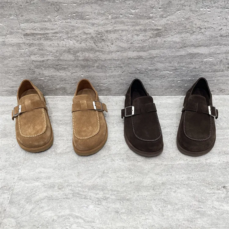 2025秋款欧洲站真皮女鞋休闲英伦风复古磨砂皮内增高平底勃肯单鞋