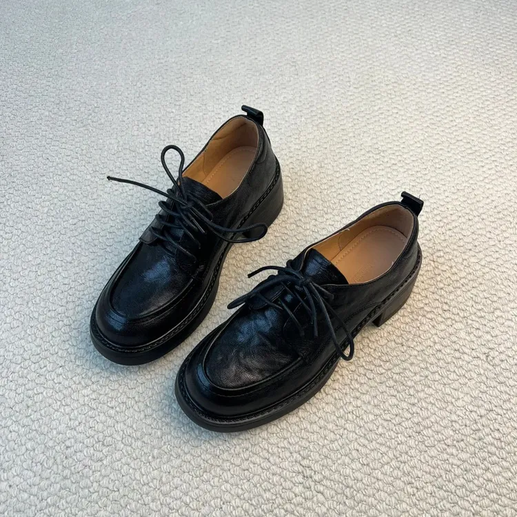 不累脚！英伦风系带小皮鞋女2025新款复古厚底乐福鞋黑色粗跟单鞋