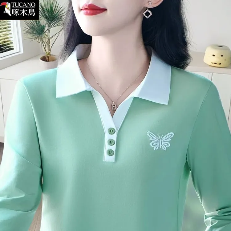 啄木鸟长袖刺绣女装秋季翻领T恤2025年新款时尚百搭洋气撞色上衣