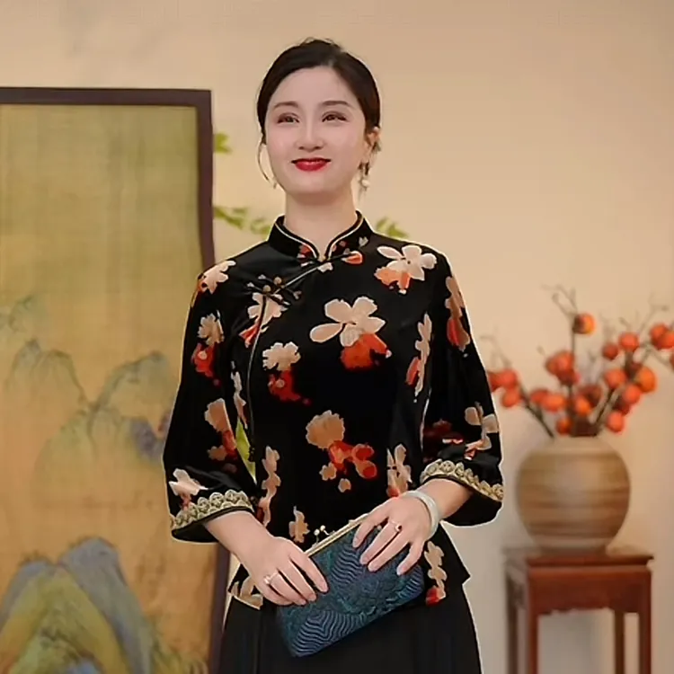 瓷萱【花弄影】秋季新款国风上衣丝绒单件七分袖常规款日常重磅复古