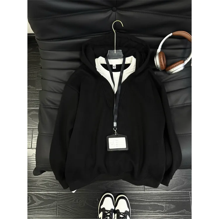 黑色重磅假两件v领卫衣男女款加绒加厚连帽衫美式复古情侣装外套