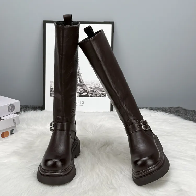 时装靴黑色厚底靴子高筒靴百搭时尚女鞋中筒圆头英伦风骑士长筒