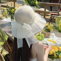 2025春夏新款珍珠网纱蝴蝶结大帽檐彩胶遮阳防晒帽气质遮脸太阳帽