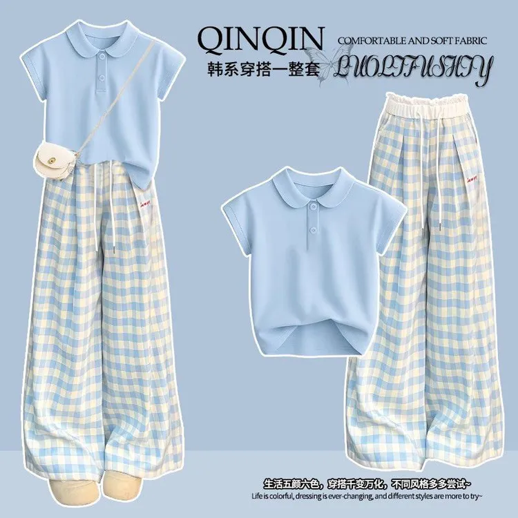 女学生夏季阔腿格子裤套装2025少女学院Polo领T恤蓝色休闲两件套