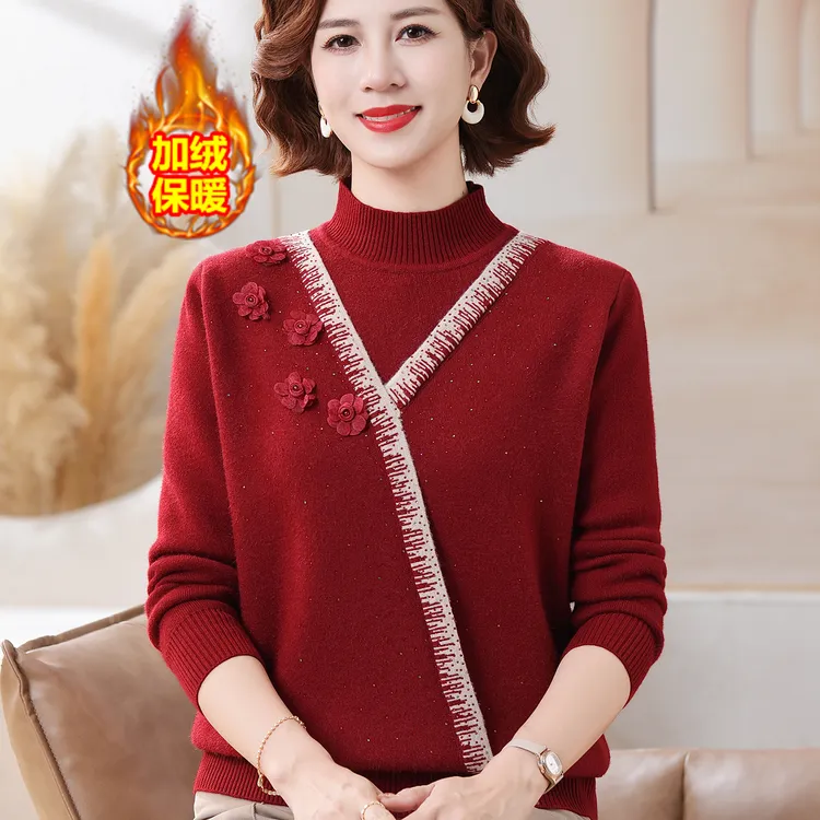 中年妈妈秋冬装一体绒毛衣女内搭保暖上衣中老年人加绒加厚打底衫