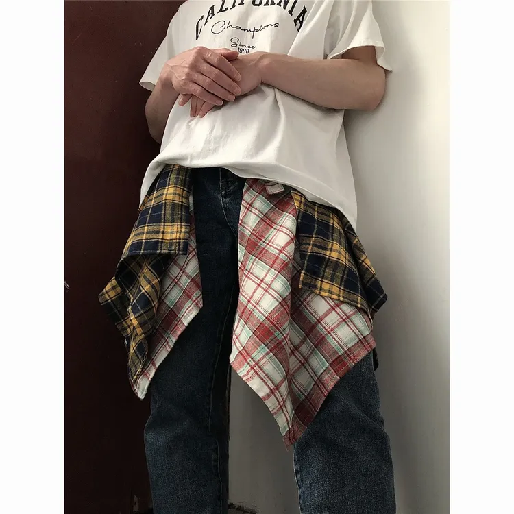 一片式系带藏肉神器卫衣t恤叠穿神器格子遮屁帘爵士舞hiphop潮搭