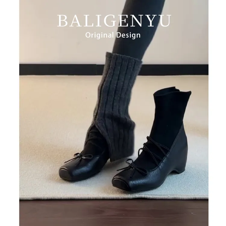 法式蝴蝶结方头小个子增高2025秋冬新款的法式复古芭蕾风短靴女