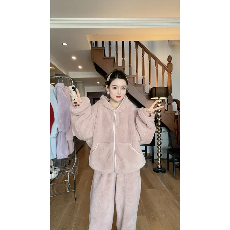 冬季家居服套装女款冬连帽睡衣家居服毛绒保暖加厚