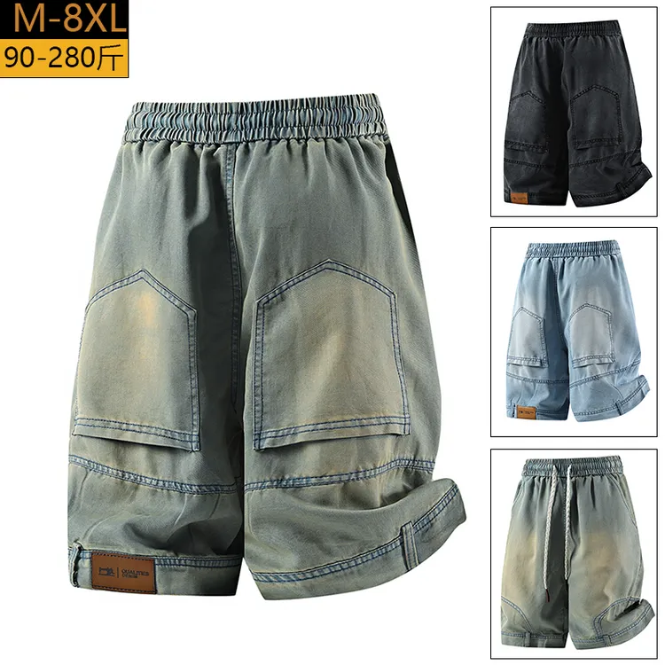 莱塞尔冰丝短裤夏季大码男士倒装牛仔透气速干宽松胖子加肥加大